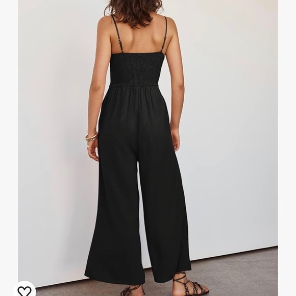Black Linen Jumpsuit Cropped Wide Leg V-Neck Cut Out Romper Spaghetti Strap - Picture 2 of 9